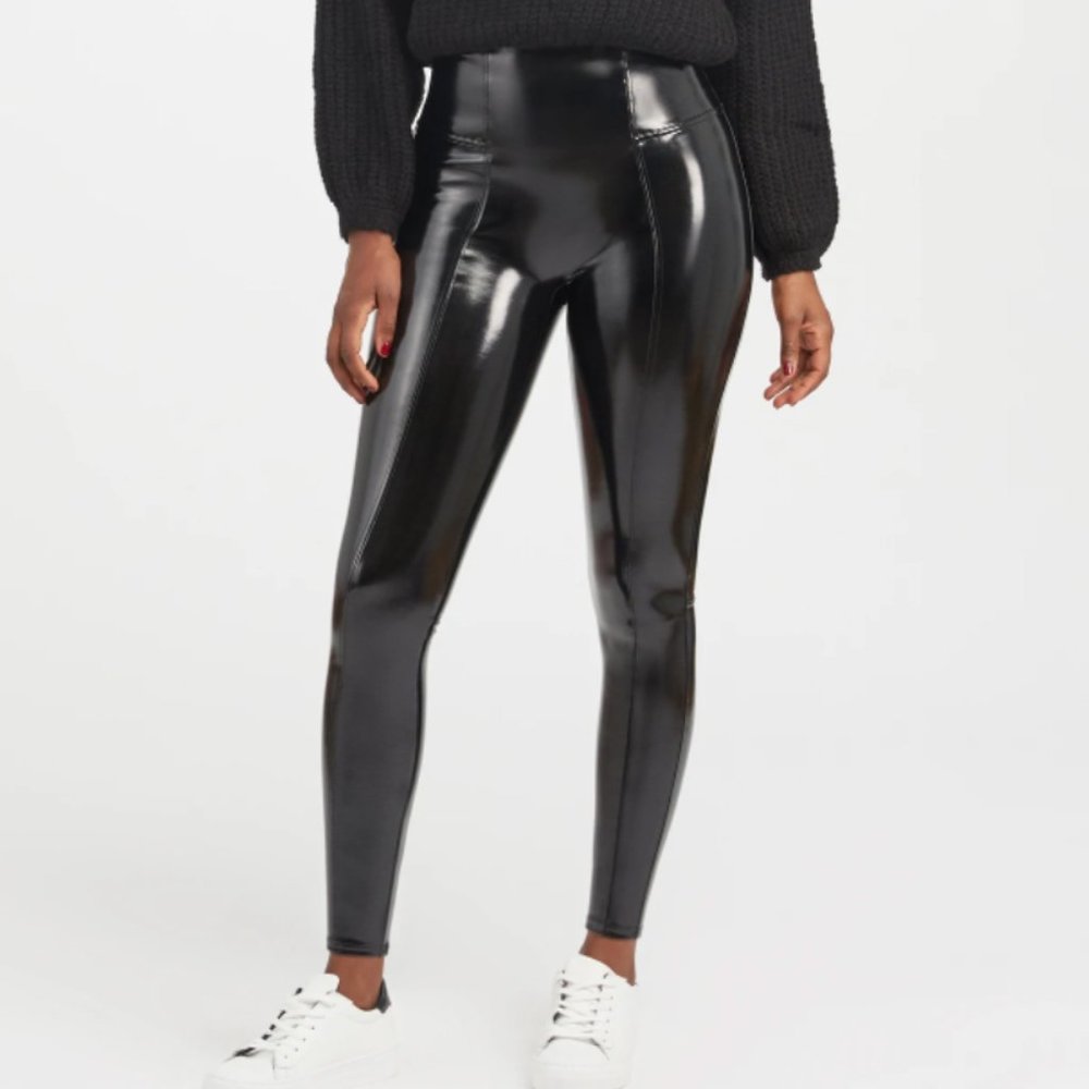 Spanx Faux Patent Leather Leggings High Rise Black Regular Size Small